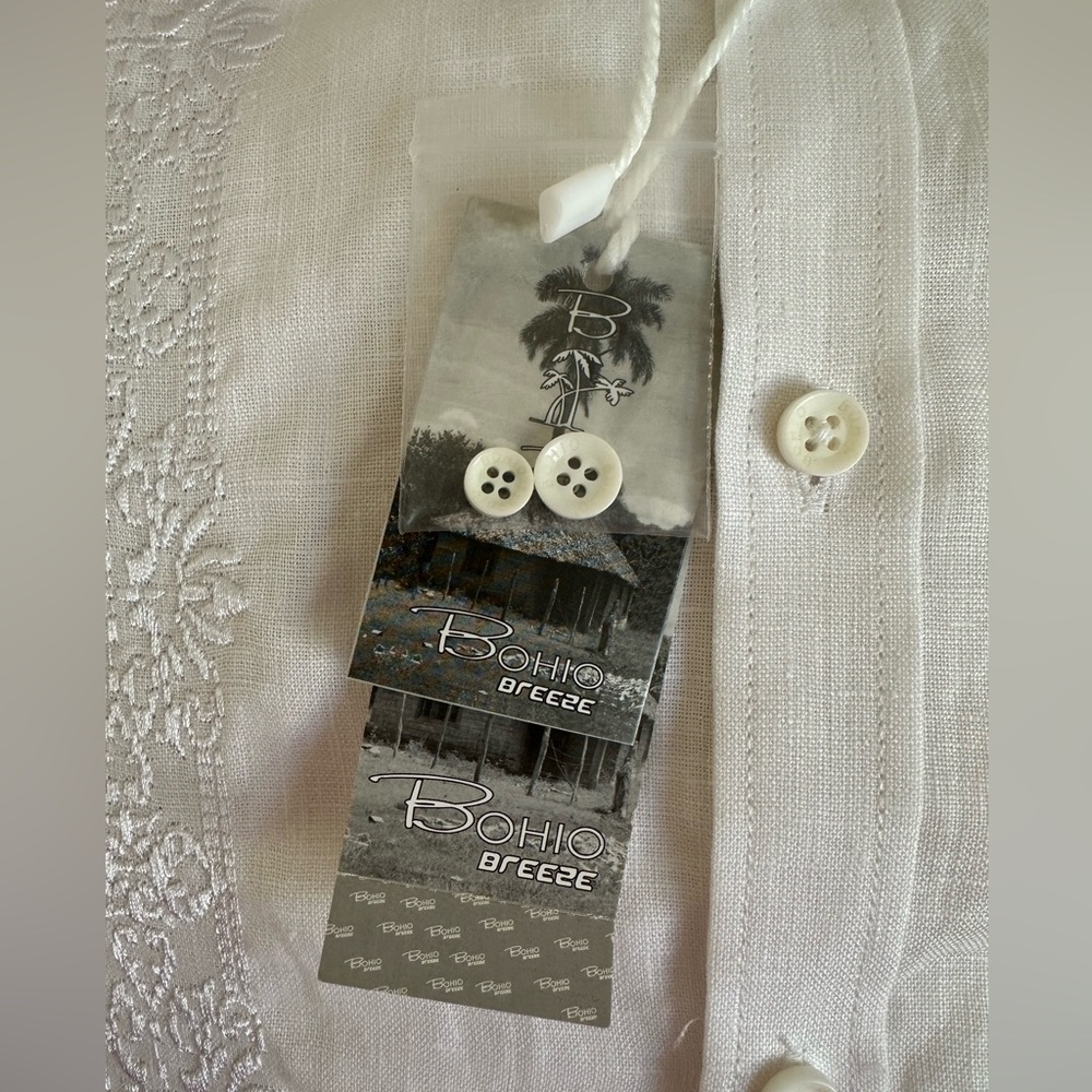 Bohio Men’s White Linen Fancy Guayabera Style Short Slv Shirt Embroidered Large - Picture 6 of 10